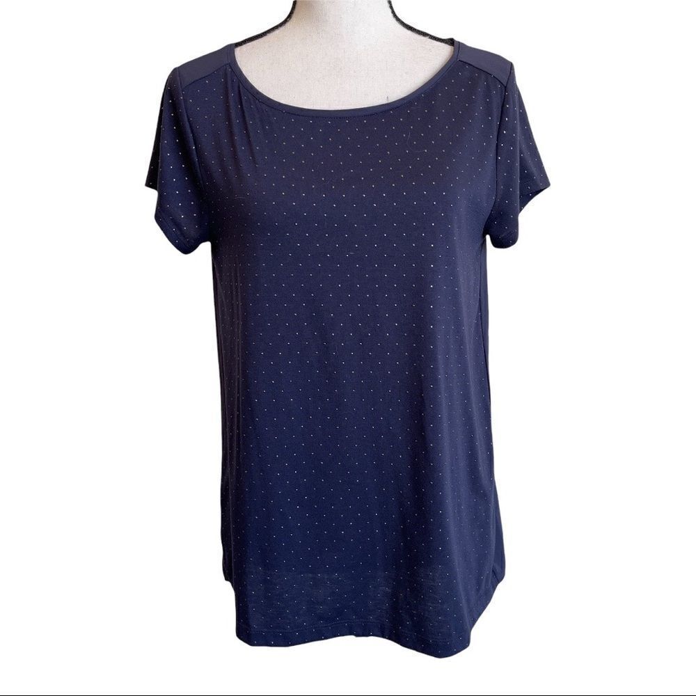 Loft Mixed Media Navy Raised Polka Dot Short Sleeve Tee-Shirt‎ - Medium